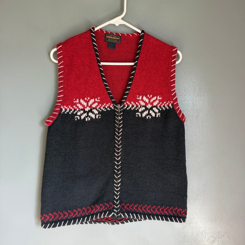 Vintage WOOLRICH Women's Large Red Black Holiday Knit Sweater Vest Retro 90's